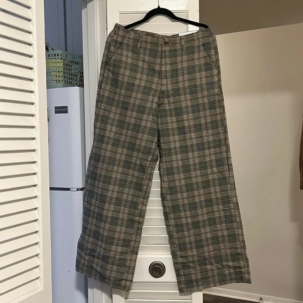 american eagle super high rise wide leg 30 waist regular brown gray blue plaid - Picture 2 of 4
